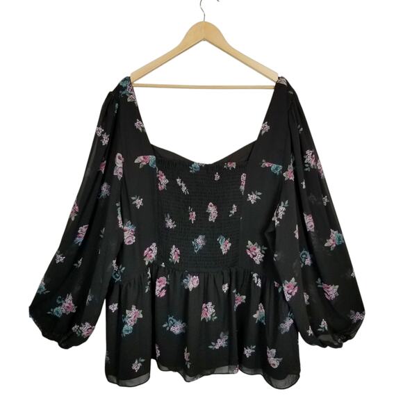City Chic NWT Women's Black Floral Jemina Peplum Peasant Blouse Top Size 24 - Picture 3 of 9